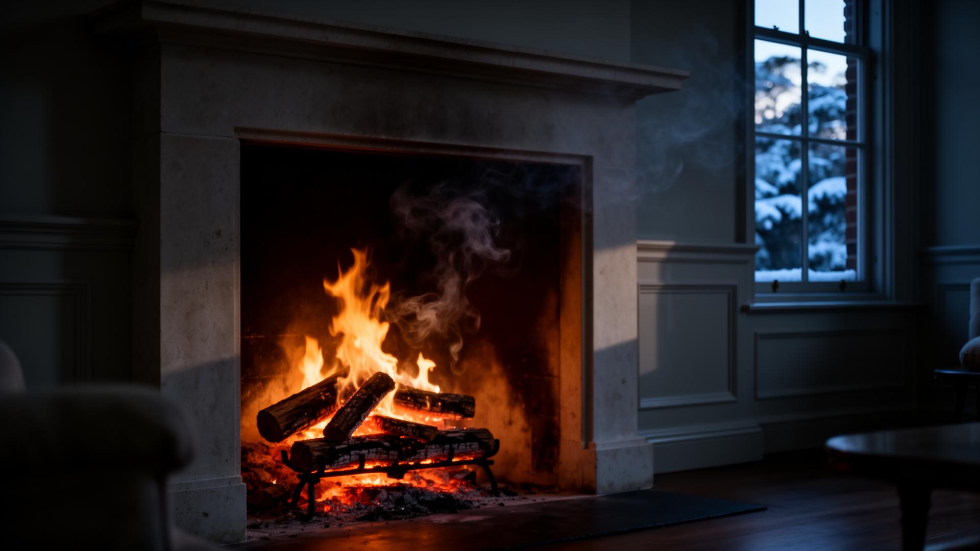 A warm fire glowing in a stone fireplace inside a Tasmanian home at dusk