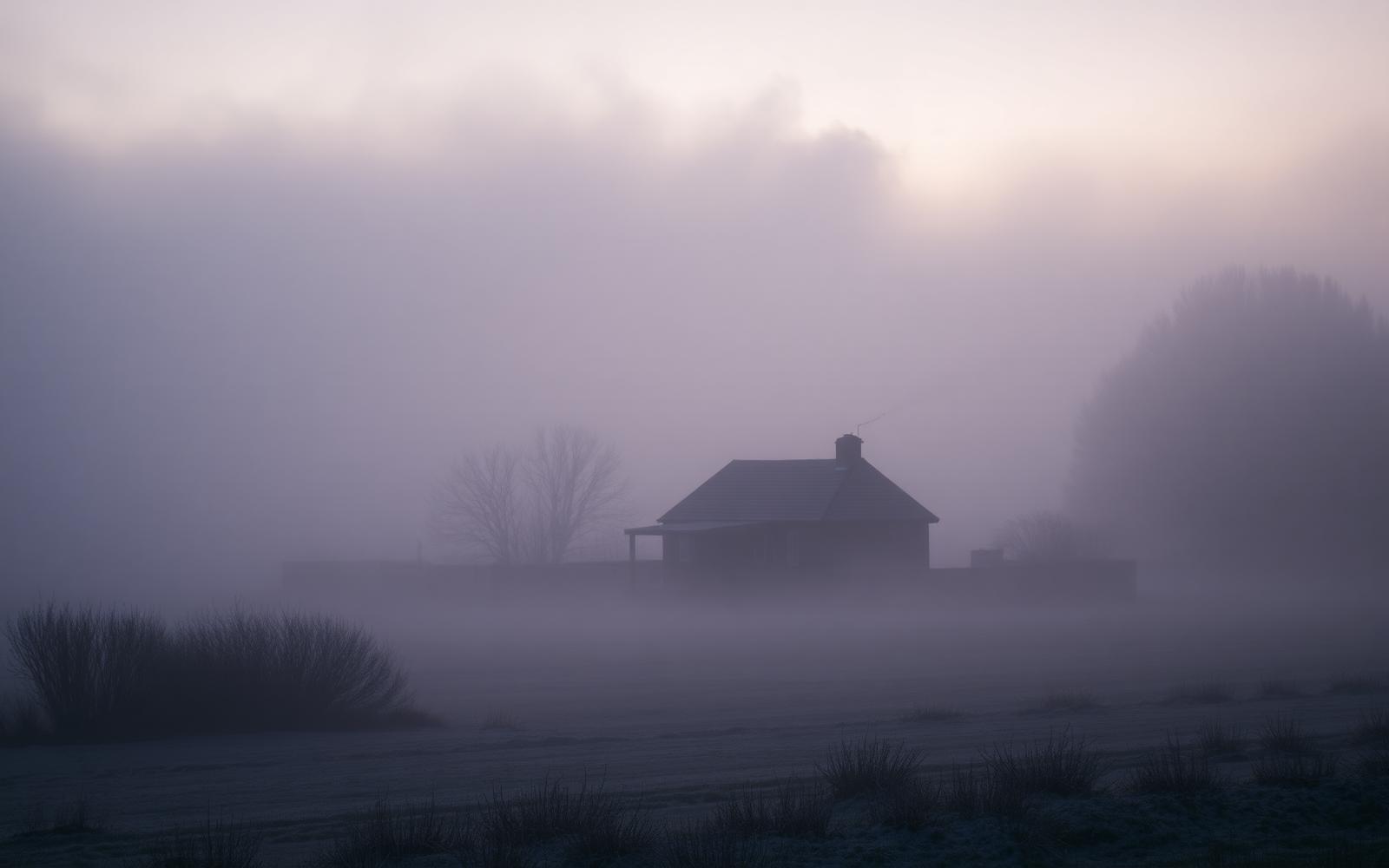 A misty Tasmanian winter morning with smoke rising from a country home chimney